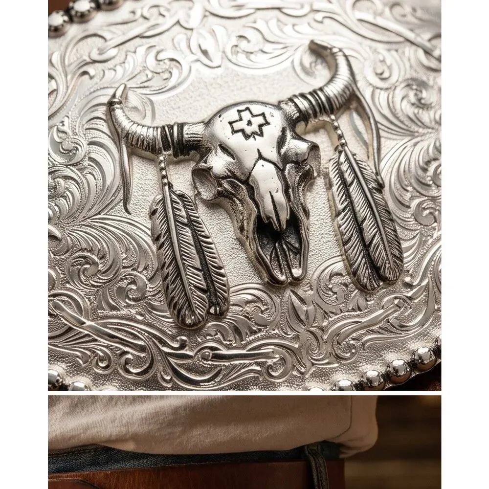 Montana Silversmiths Buffalo Bull Skull Feather Buckle Cowboy Western Buckle